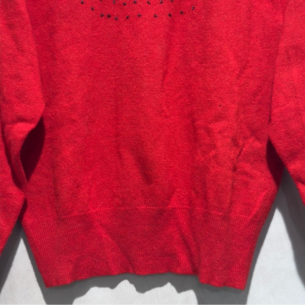 Vintage Red Lambswool Angora Beaded Sweater, S/M, Luxury Floral Embellished Knit - Picture 6 of 12